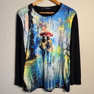 NESS Women's Black Long Sleeve Embellished Graphic T-Shirt Walking In The Rain S